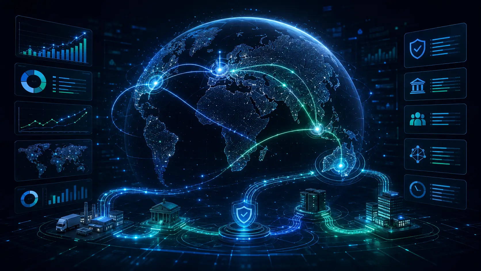 Illustrative visualisation of a global procurement network reaching Australia