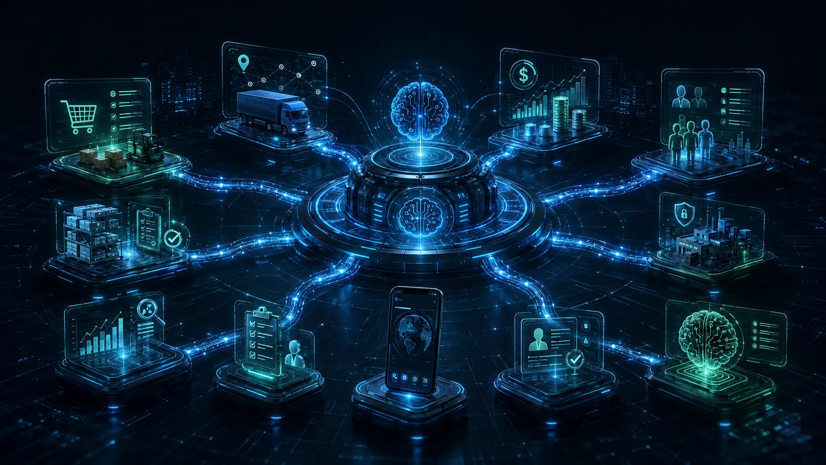 Illustrative visualisation of suppliers connected to a central marketplace