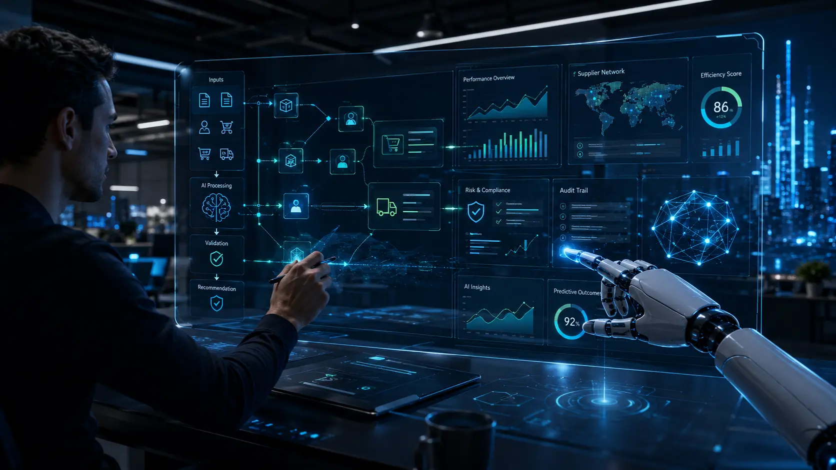Illustrative visualisation of a procurement command centre with dashboards and supplier network